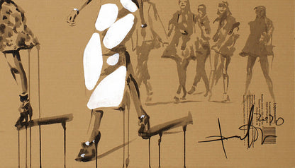 Stylized acrylic painting Cross The Street by Dima Filatov: woman in white dress and black heels