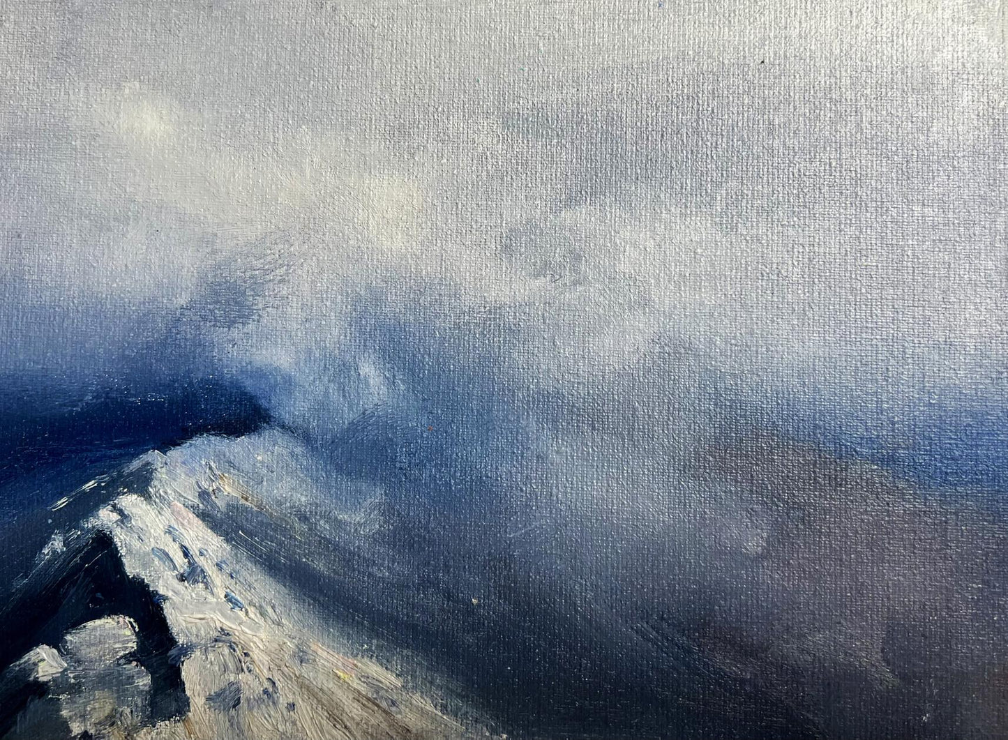 Oil painting Snow storm in the mountains by Tatyana Derdey, snowy peak in clouds