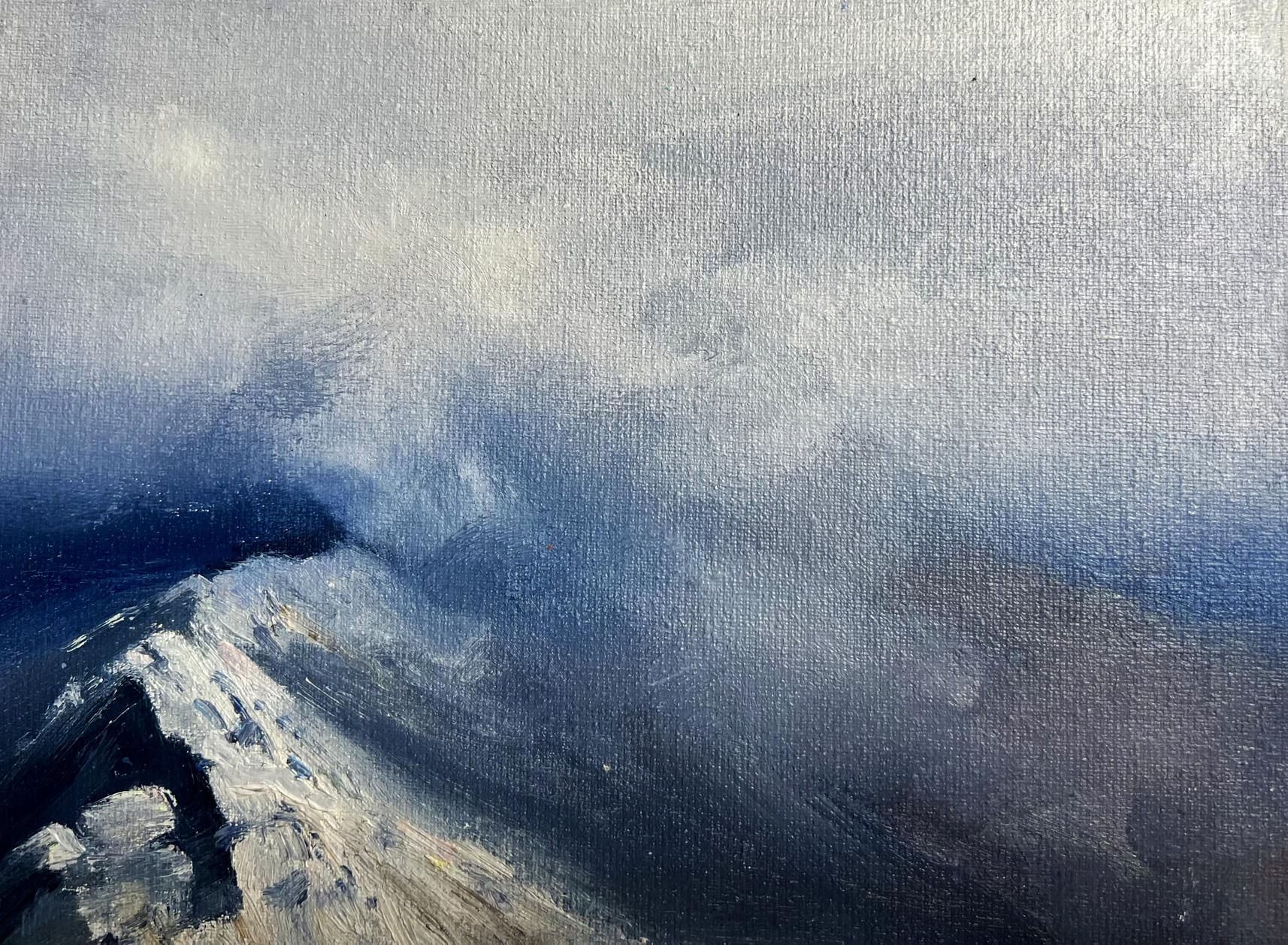 Oil painting Snow storm in the mountains by Tatyana Derdey, snowy peak in clouds