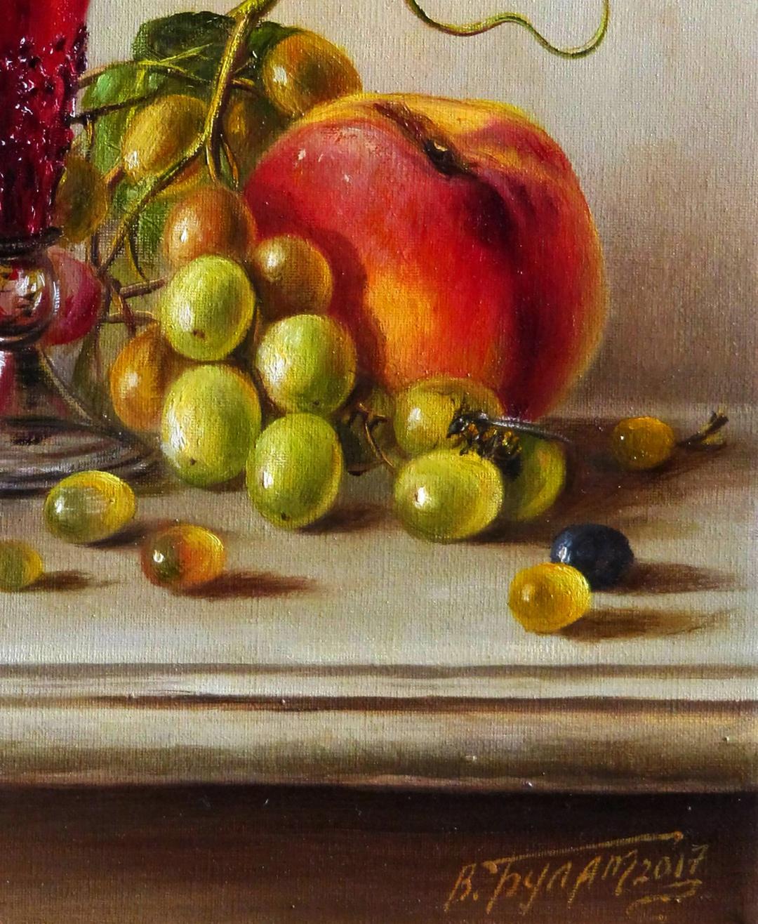Oil painting Fruity notes Valeriy Bulat: red peach among green grapes