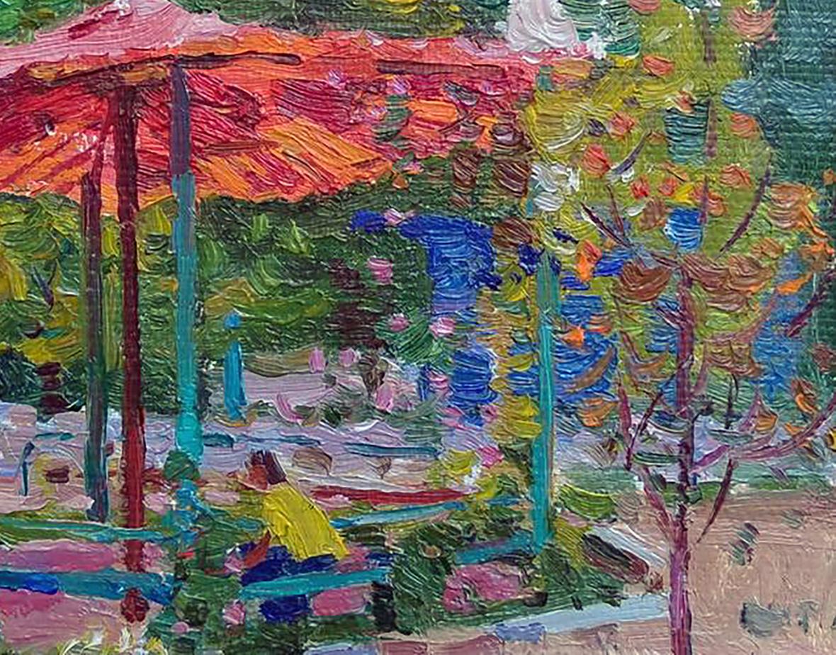 Vibrant orange red oil painting of Gazebo by Yury Konovalov on leafy green background