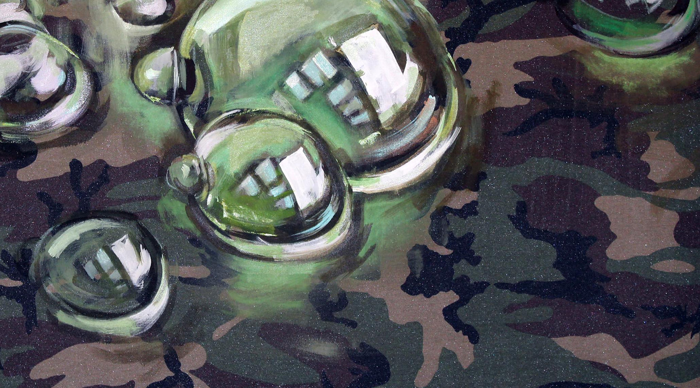 Oil painting Bubbles Ed Potapenkov: transparent spherical water droplets on camouflage surface