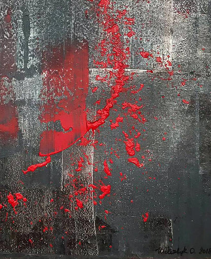Acrylic painting Night melody by Olga Melezhik with red splatters on gray black background