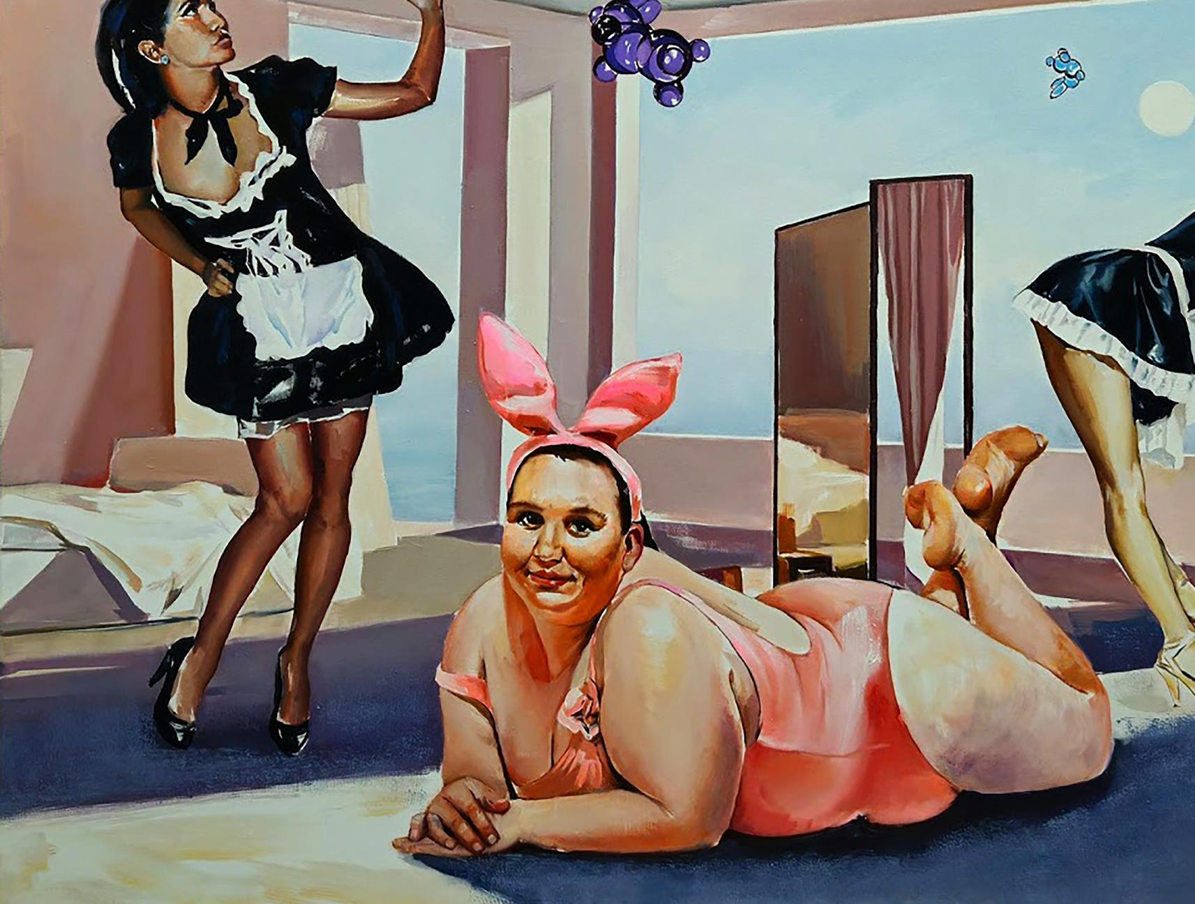 Oil painting by Igor Konovalov: woman in pink bunny ears on floor, maid nearby