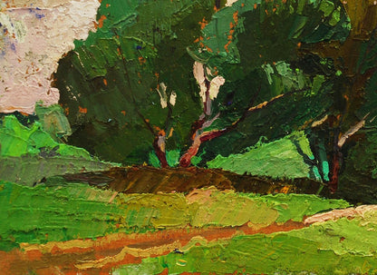 Textured impressionist oil painting of lush green tree in branches by Egor Shvachunov