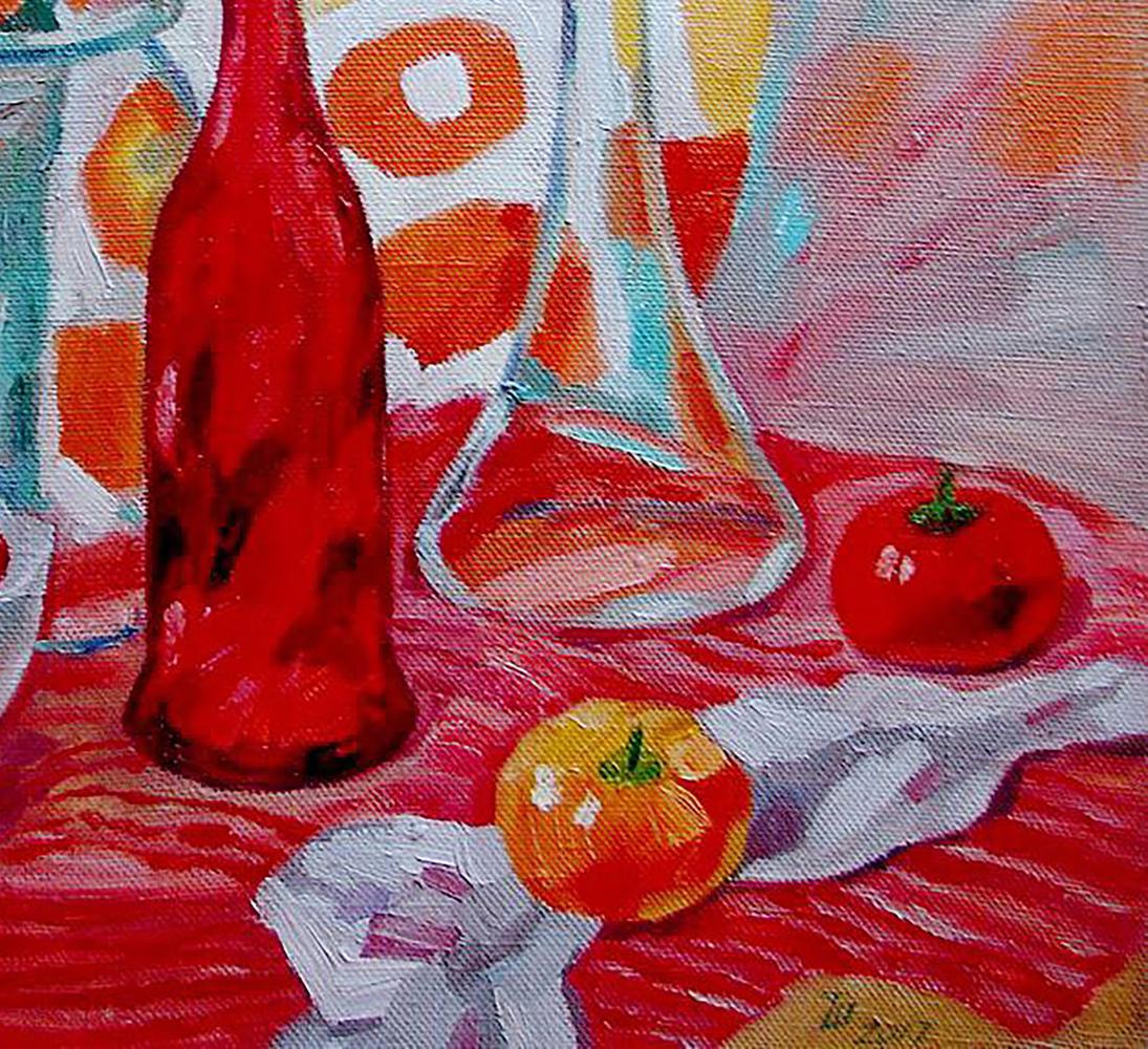 Oil painting Red still life Tatyana Shulyak vibrant red glass bottle
