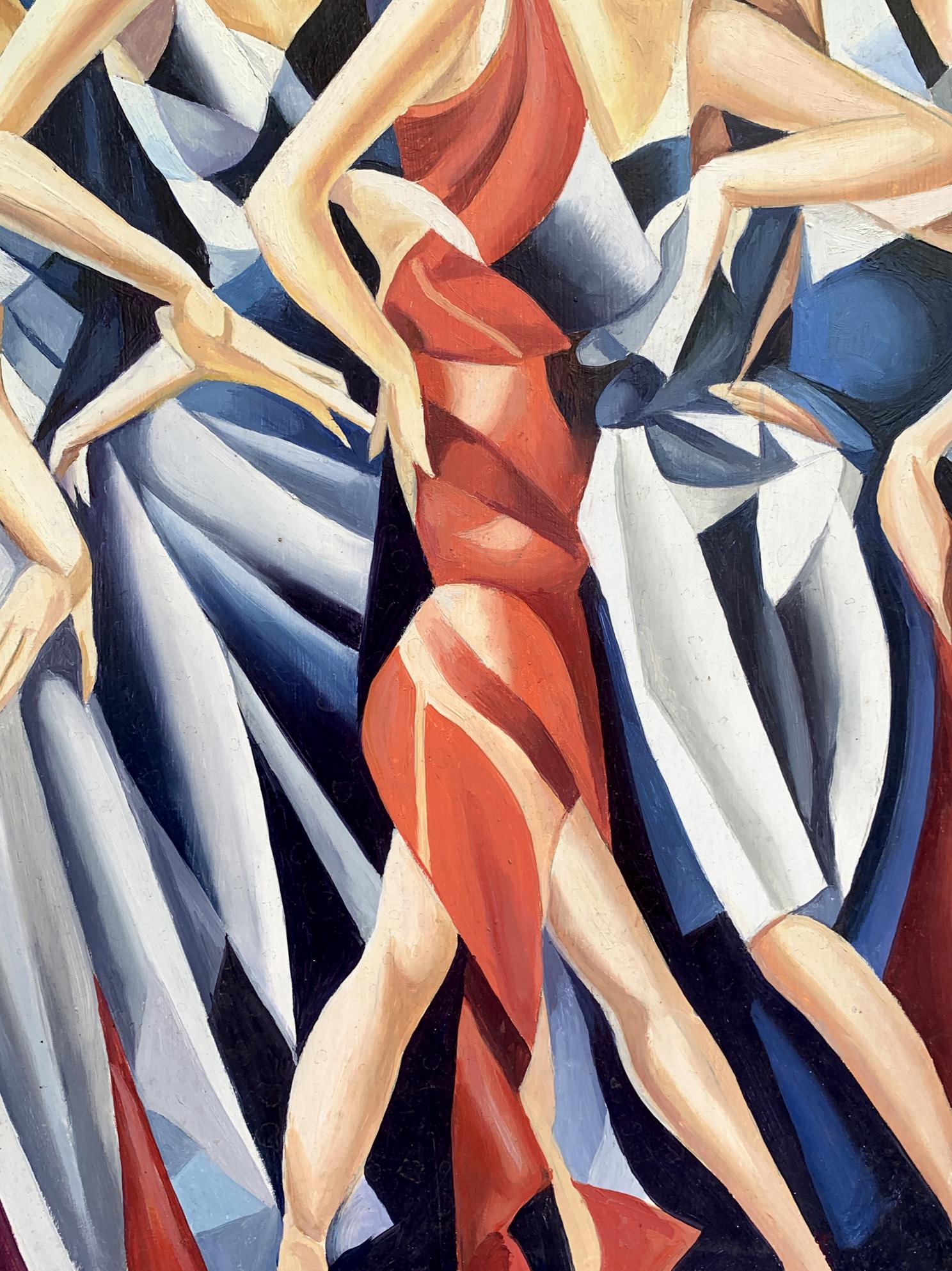 Vibrant red abstract oil painting of slender girls by Victor Konotopsky
