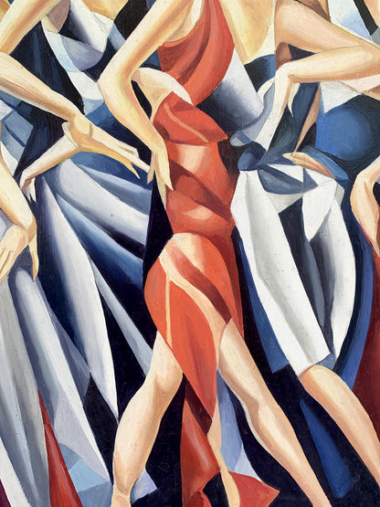 Vibrant red abstract oil painting of slender girls by Victor Konotopsky