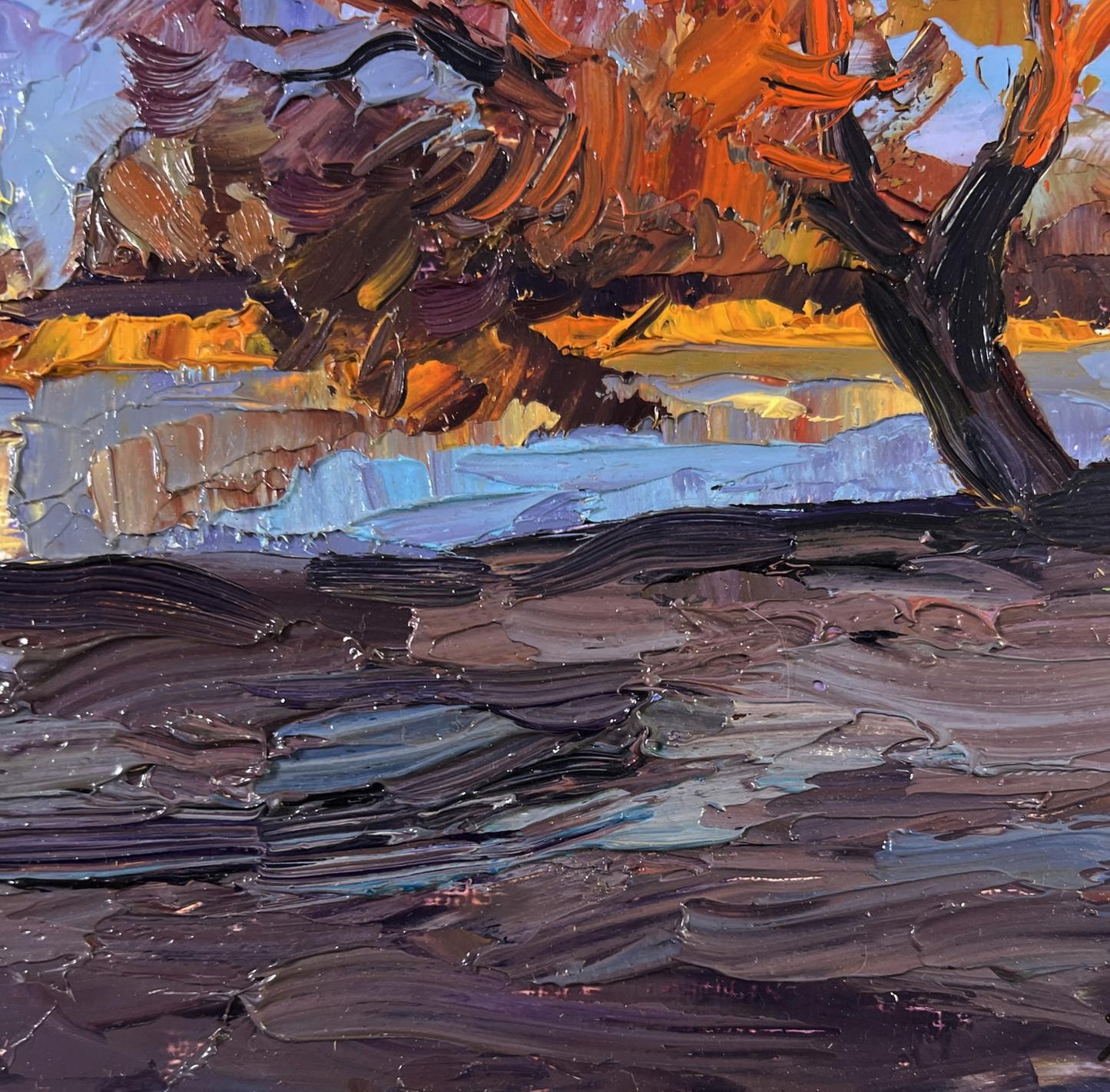 Oil painting Autumn September days by Boris Serdyuk vibrant orange tree on water