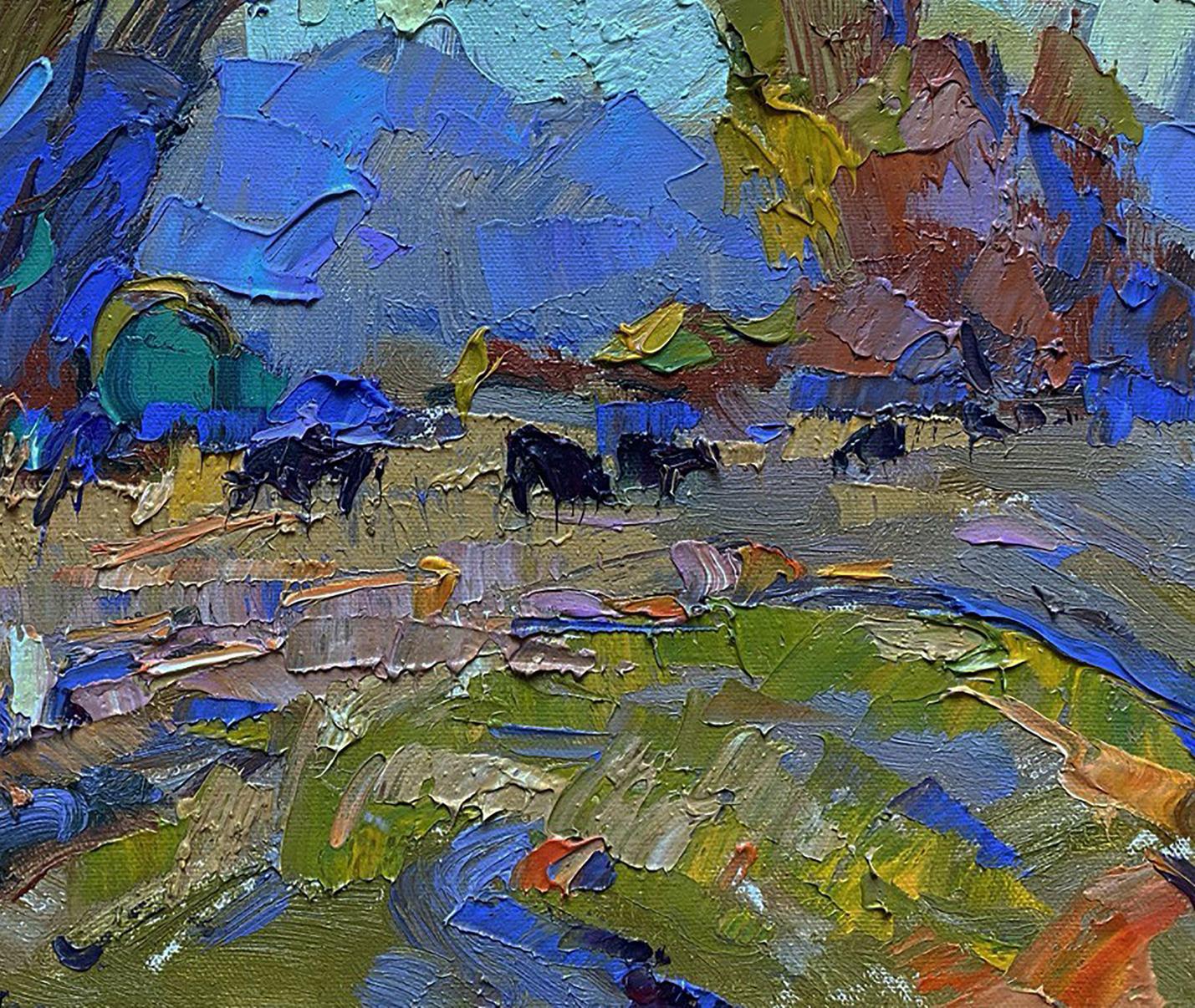 Vibrant impressionist oil painting by Oleksiy Ivanyuk: pastoral landscape with cattle