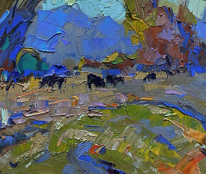 Vibrant impressionist oil painting by Oleksiy Ivanyuk: pastoral landscape with cattle