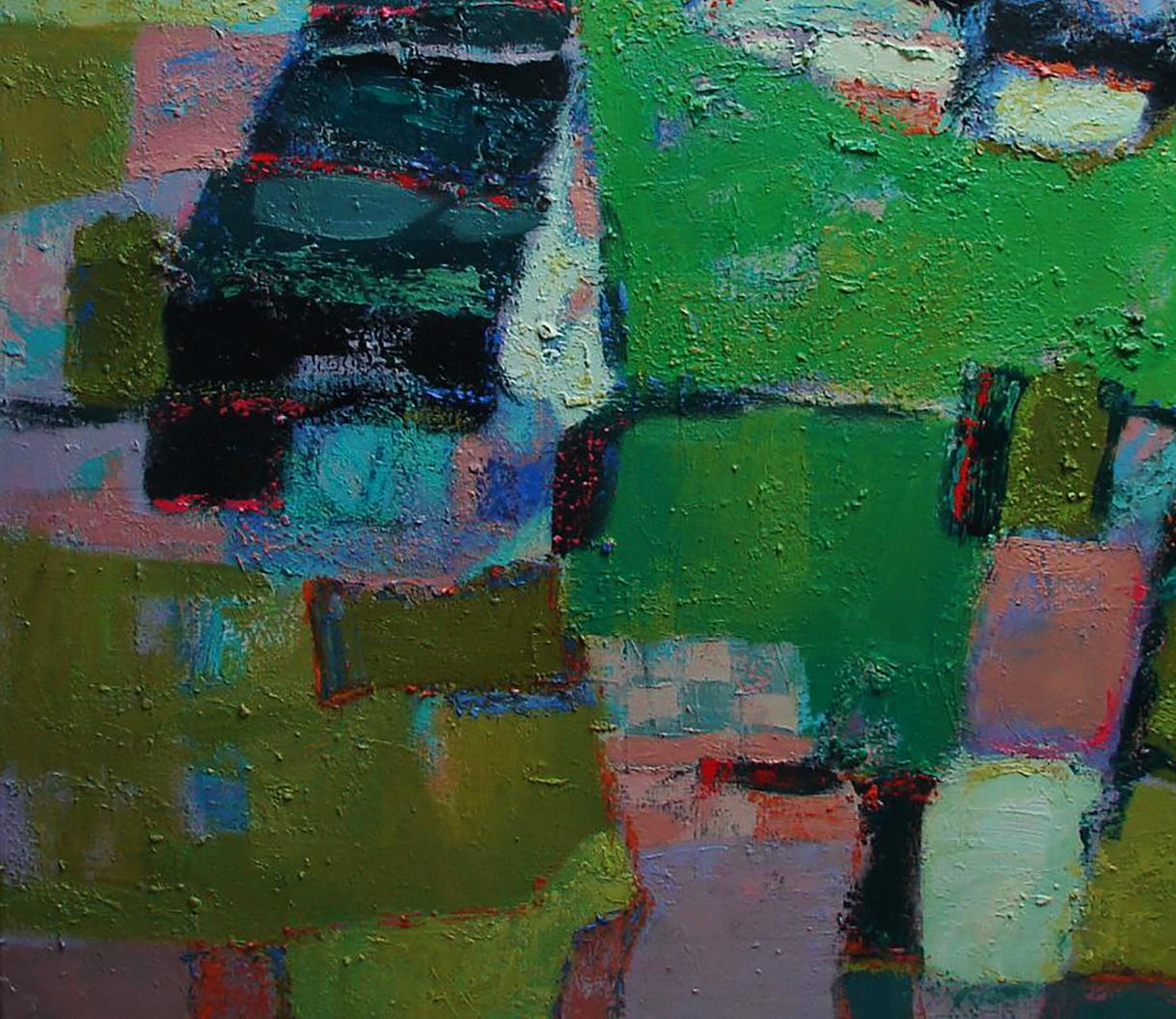 Oil painting of village in mountains by Tatyana Shulyak, abstract textured greens and blues