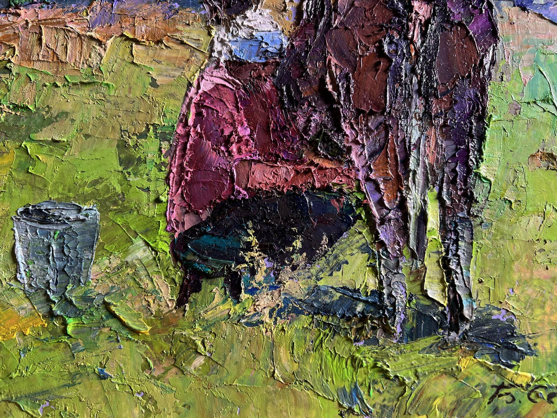Oil painting Lunch milking Boris Serdyuk: maroon figure by purple tree in green landscape