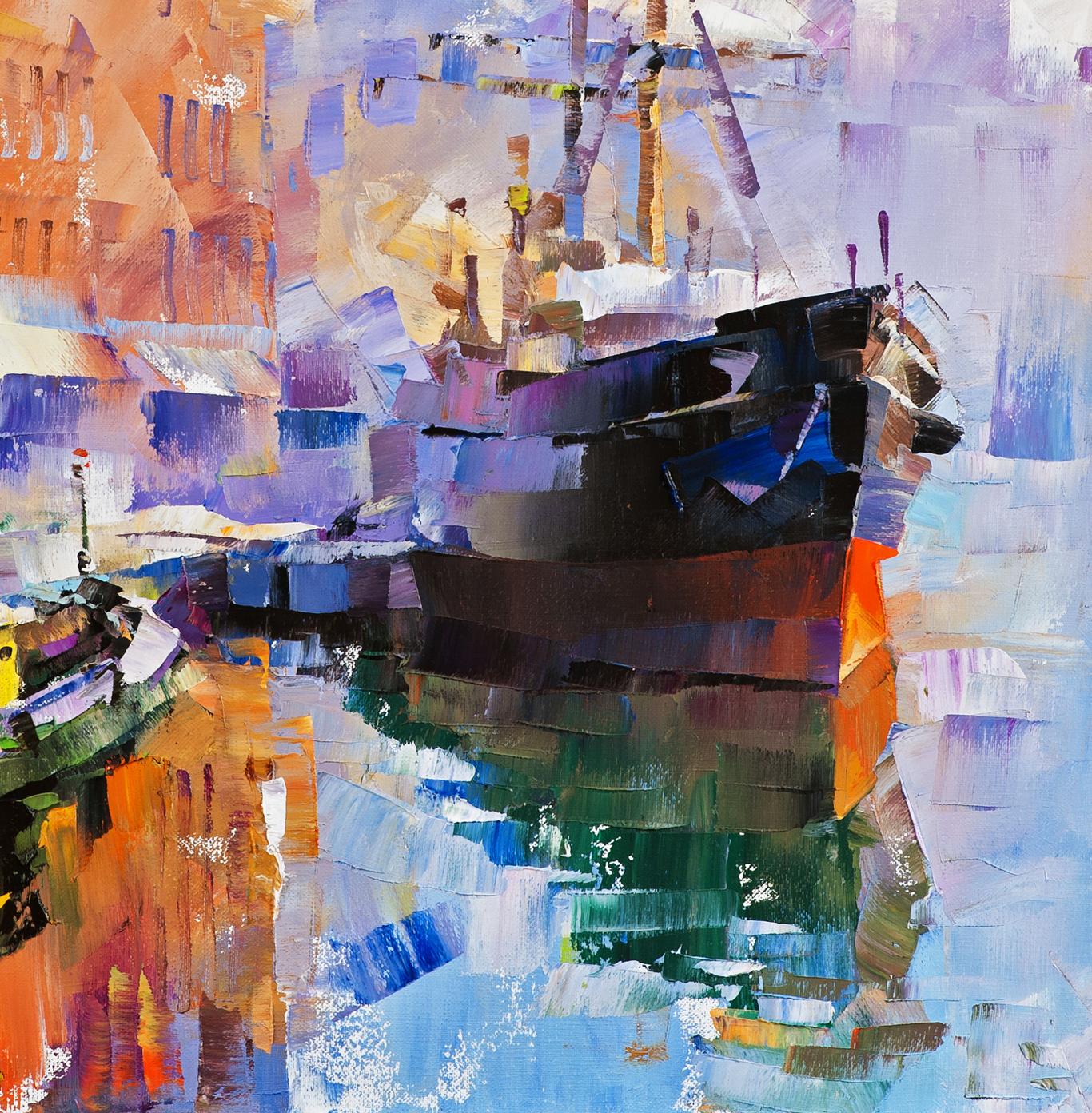 Oil painting Bliss Volodymyr Gluhomanyuk: bold black blue ship with orange reflections