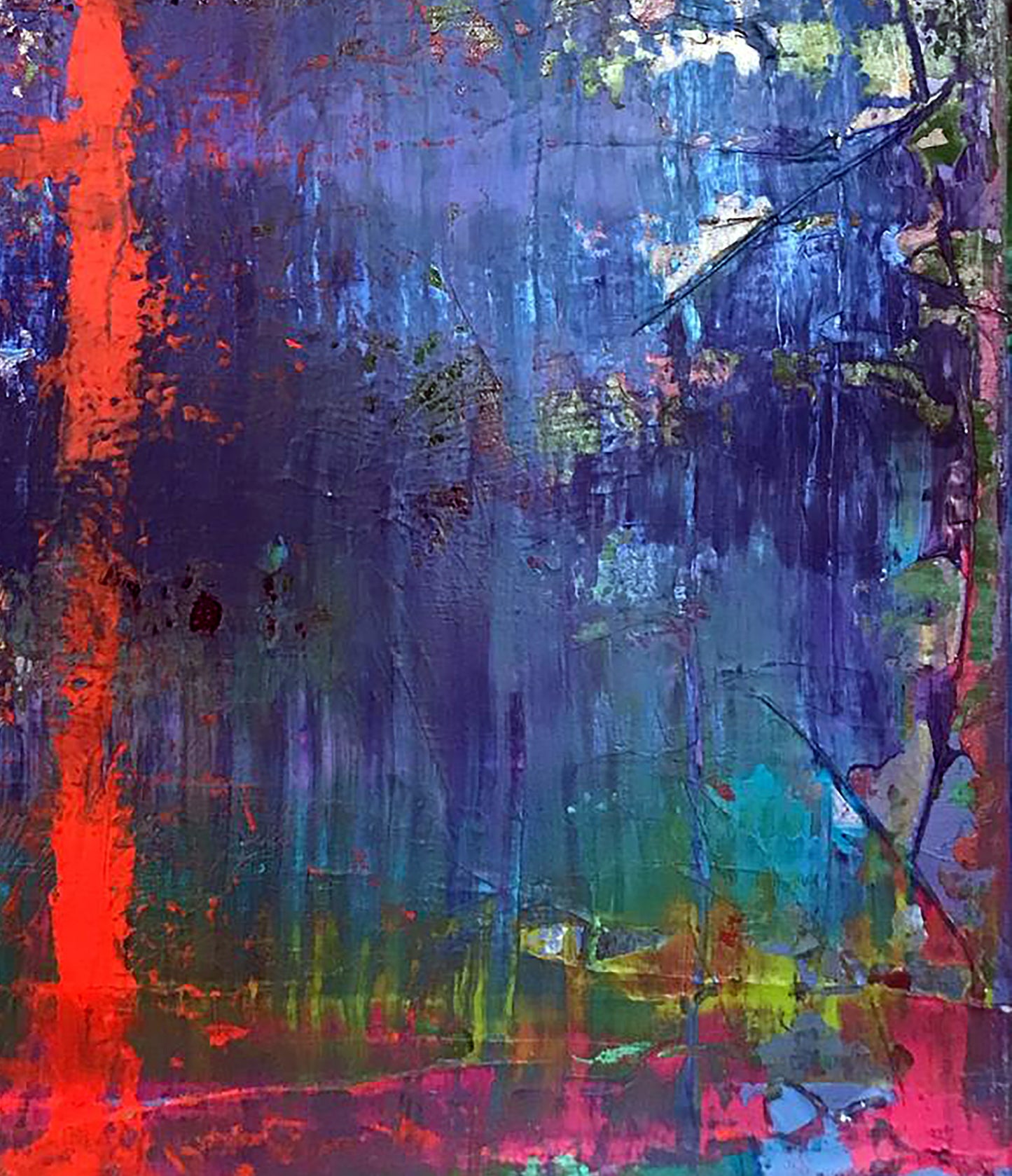 My red line abstract expressionist painting with bold blue, red, green strokes