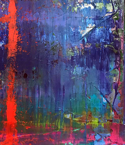 My red line abstract expressionist painting with bold blue, red, green strokes