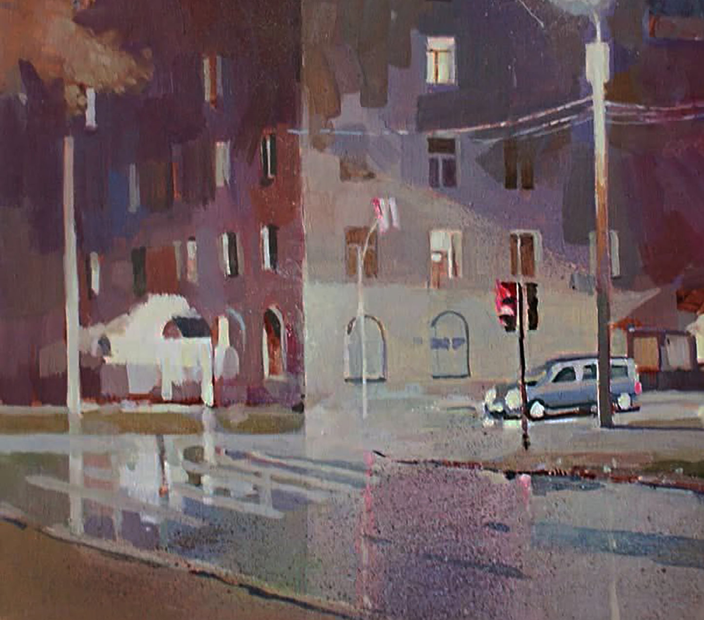 Oil painting Rain at the Crossroads by Anastasia Yaroshevich, blue car at dusk