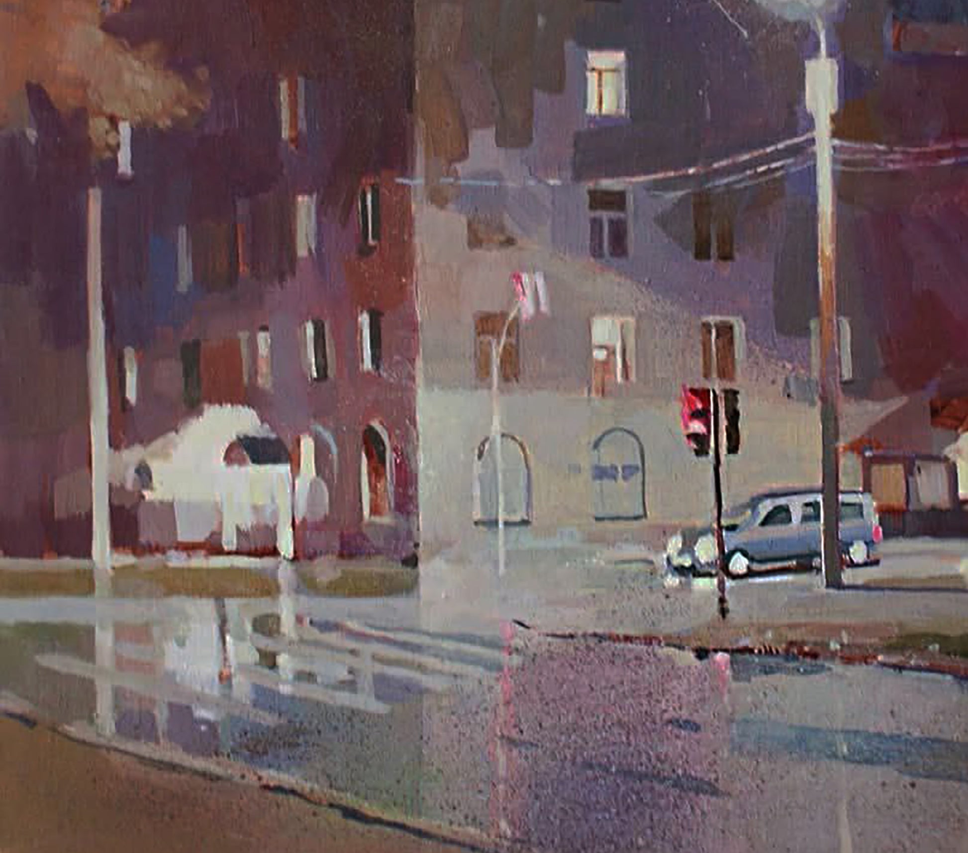 Oil painting Rain at the Crossroads by Anastasia Yaroshevich, blue car at dusk