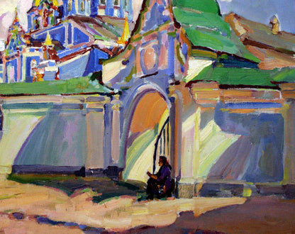 Vibrant oil painting Near the gates of the cathedral by Leonid Pavlenko