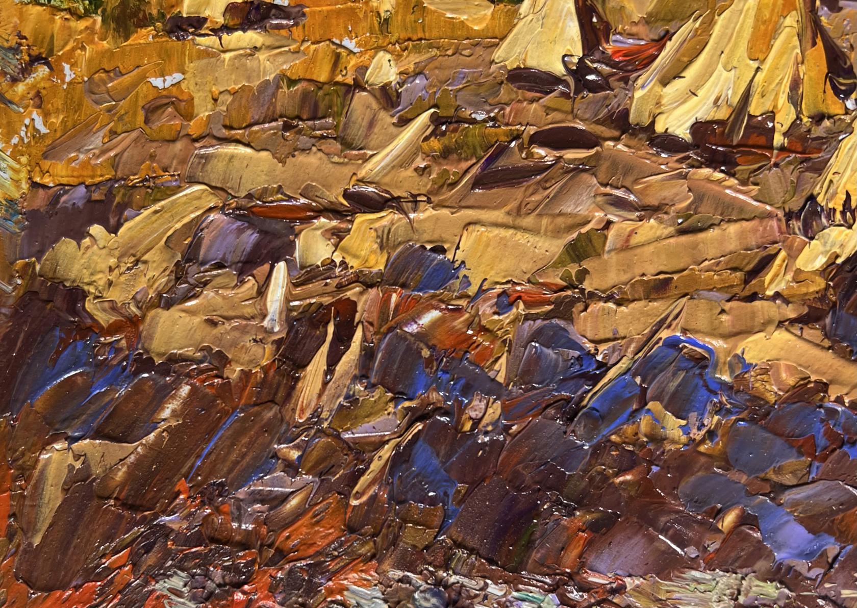Oil painting of haystacks in fields by Oleksiy Ivanyuk, impasto textured terrain