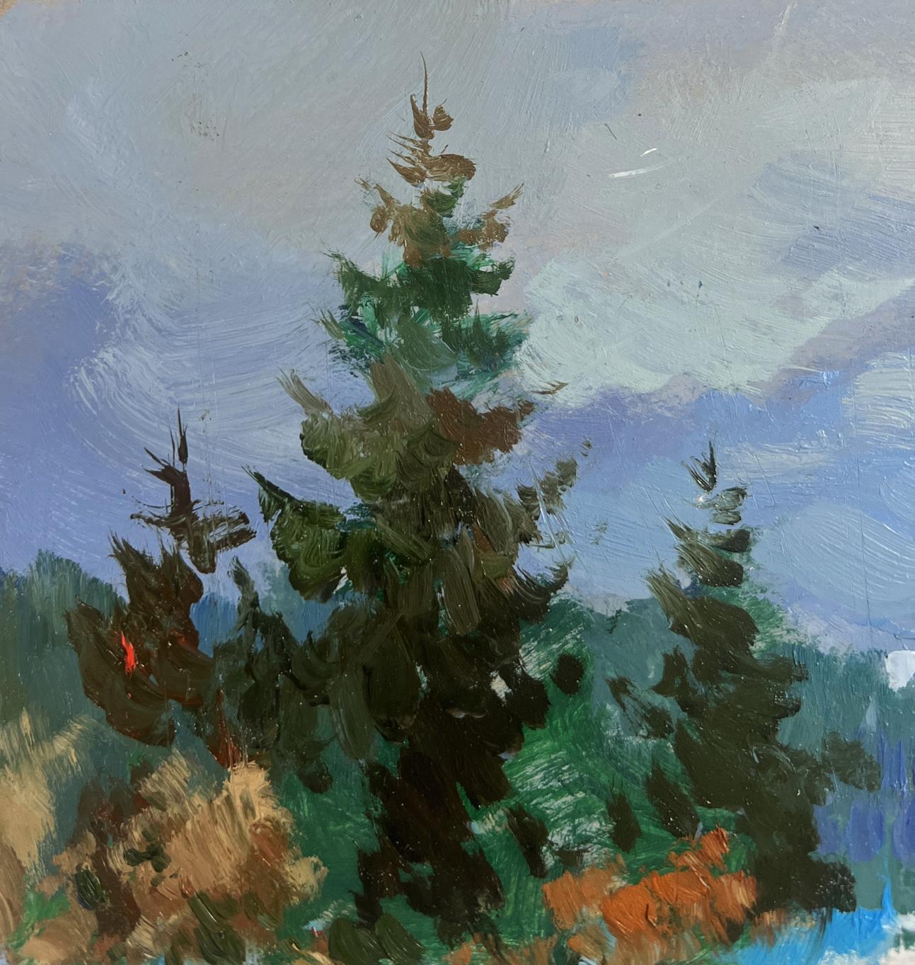 Textured oil painting of snowy river under evergreen tree by Yuriy Suprunchuk
