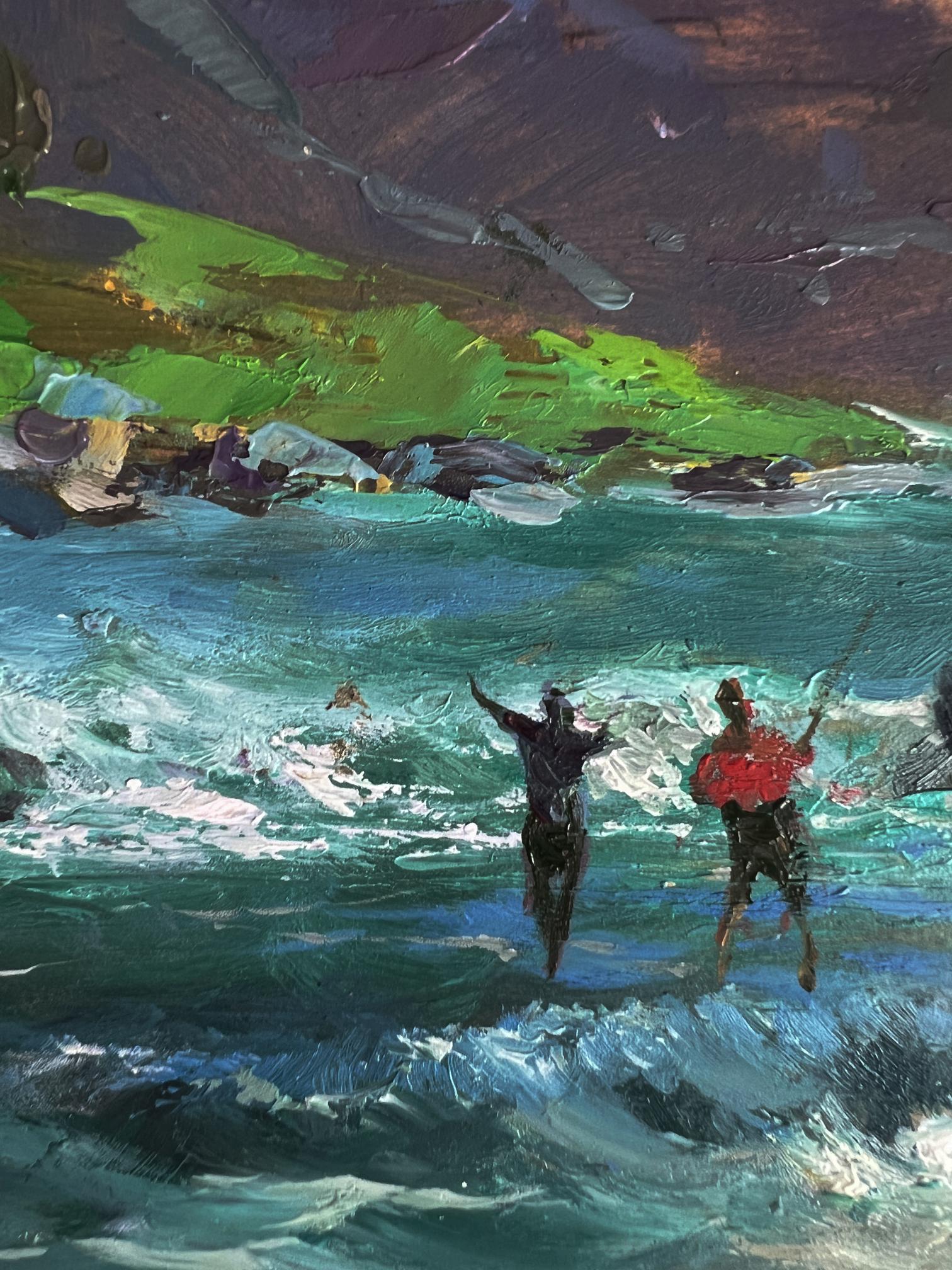 Vibrant impressionist oil painting of surfers in waves by Yuriy Suprunchuk