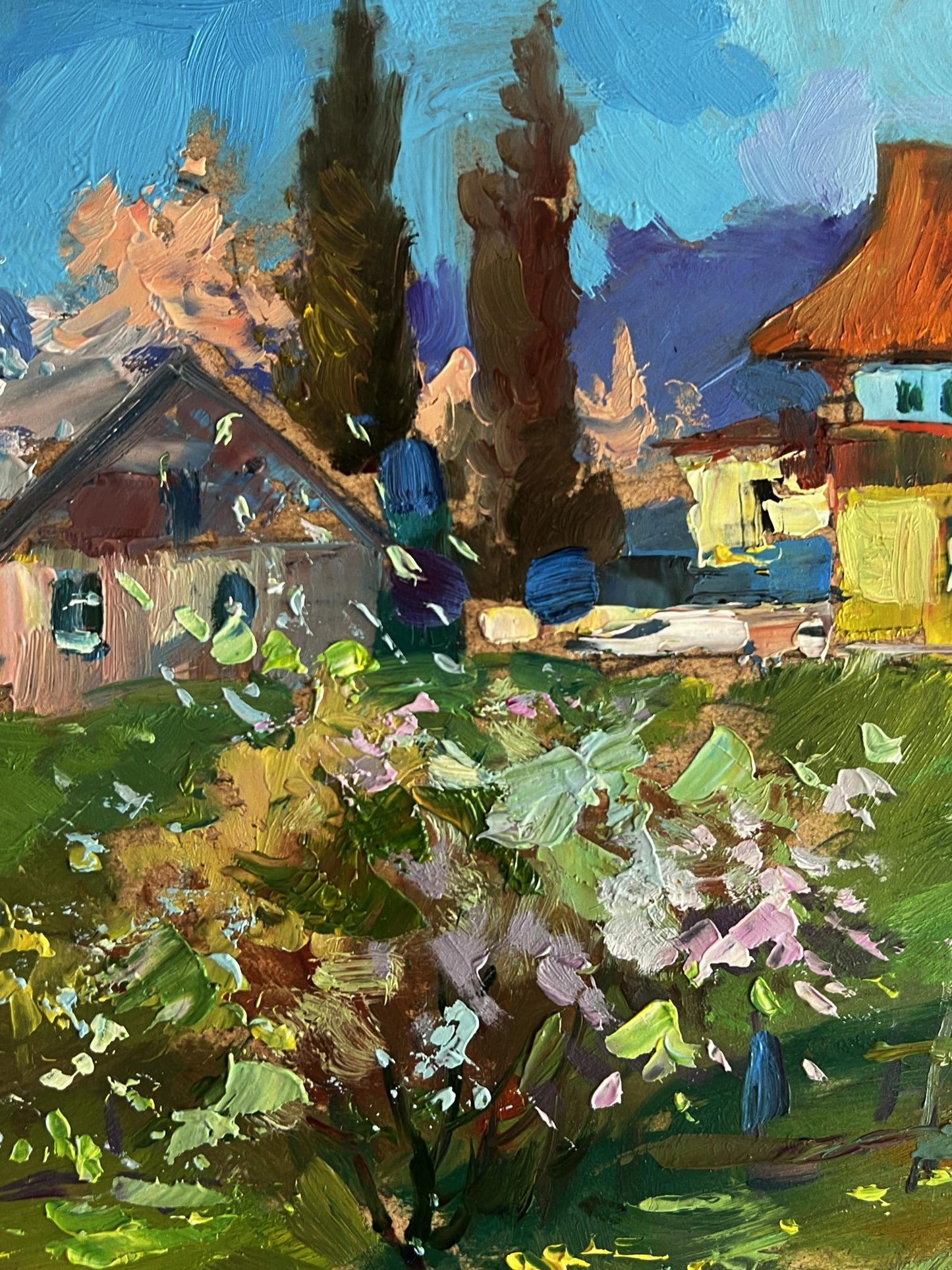Vibrant impressionist oil painting of Yuriy Suprunyuks village garden with goat