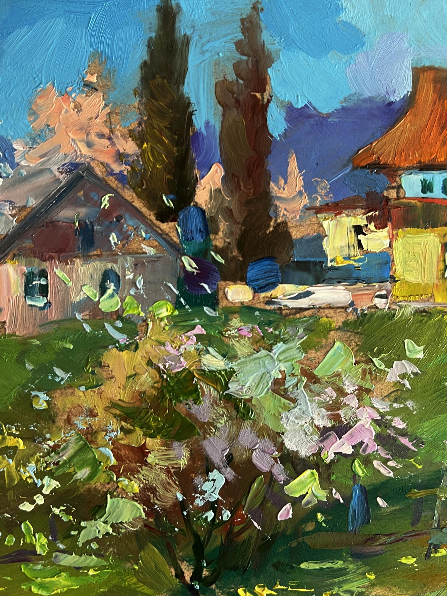 Vibrant impressionist oil painting of Yuriy Suprunyuks village garden with goat