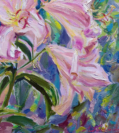 Oil painting Pink lilies by Leonid Pavlenko impressionist style