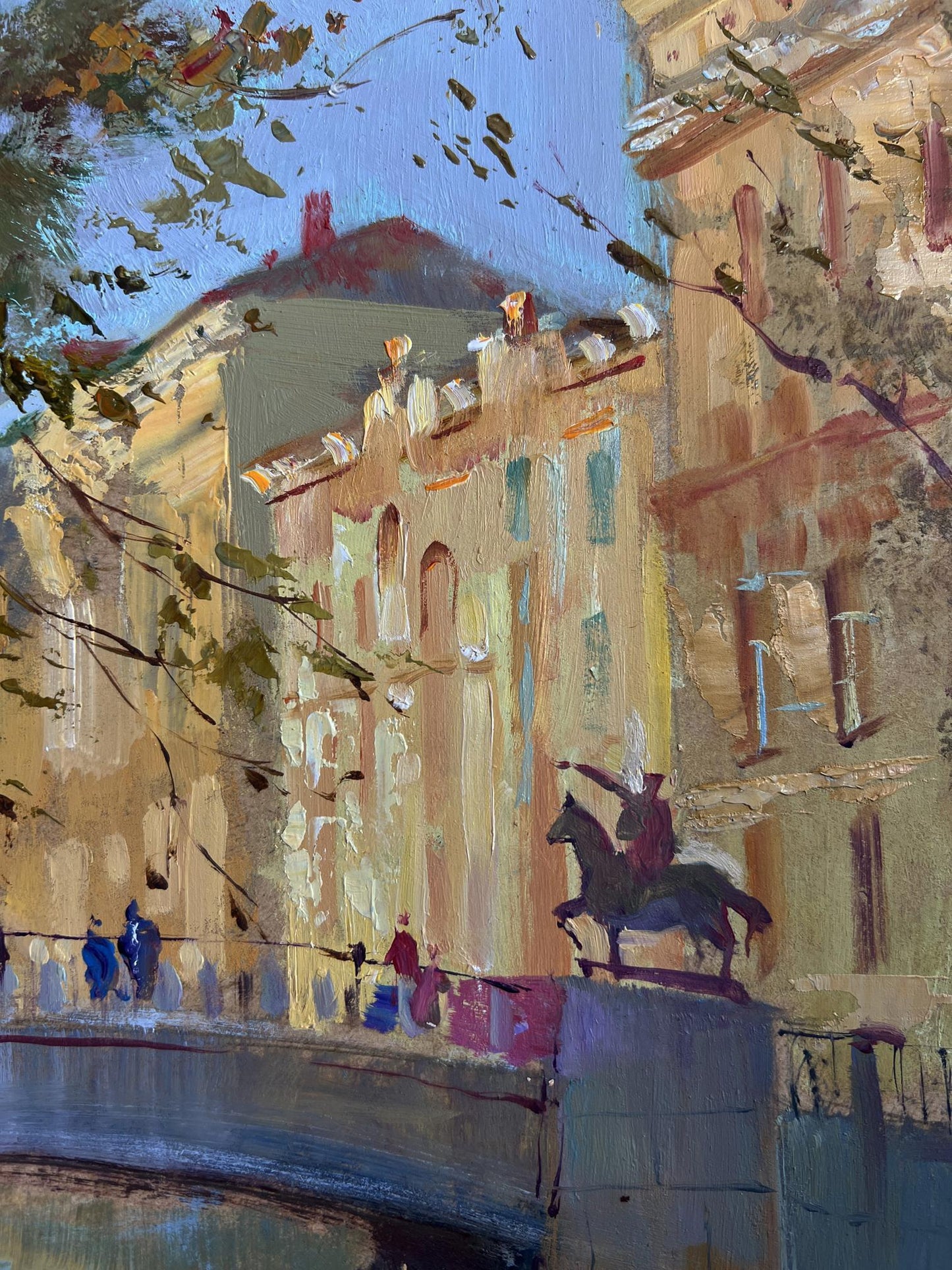 Oil painting of bronze equestrian statue in city park by Yuriy Suprunchuk