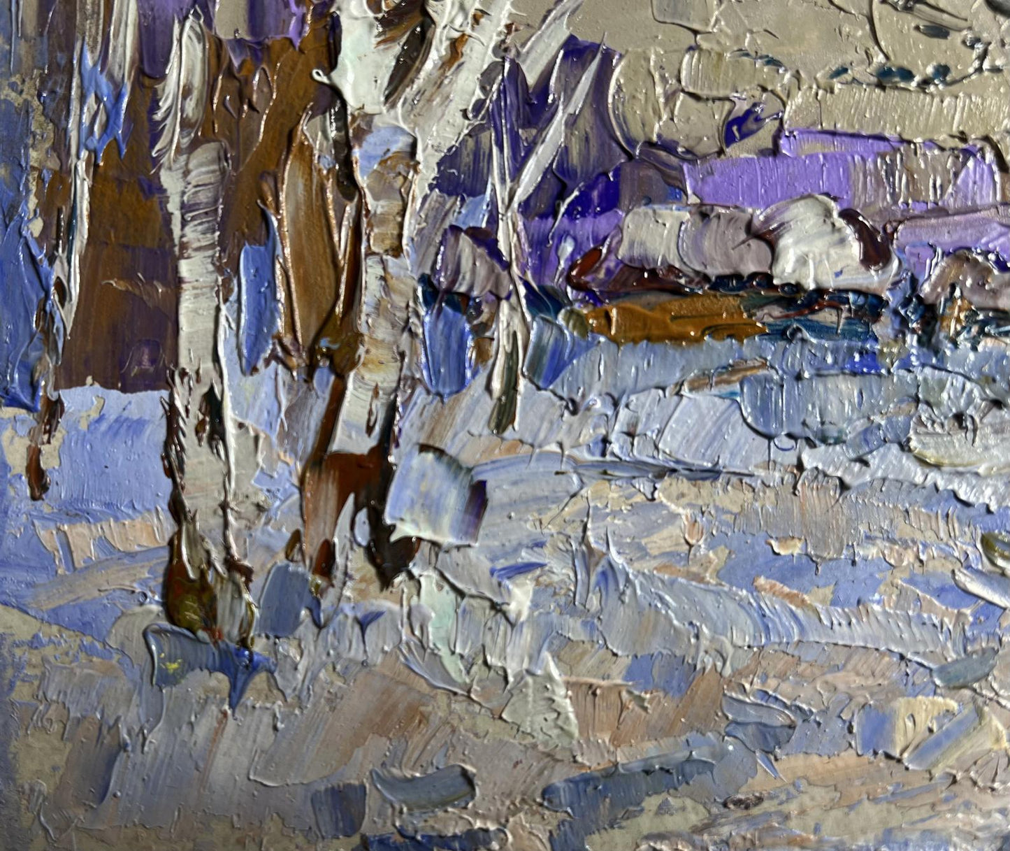 Oil painting Snowy path to the village by Oleksiy Ivanyuk, textured blues