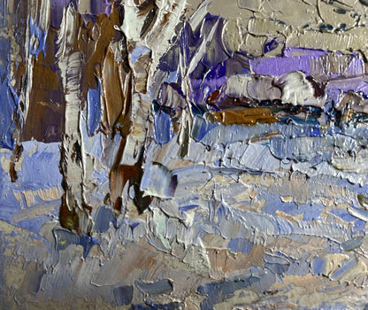 Oil painting Snowy path to the village by Oleksiy Ivanyuk, textured blues