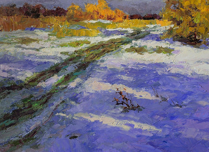 Oil painting Unexpected Snow by Boris Serdyuk: textured snowy landscape