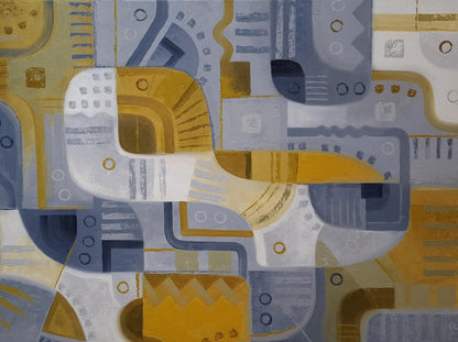 Oil painting End of November by Sergiy Voichenko, abstract geometric gold gray white
