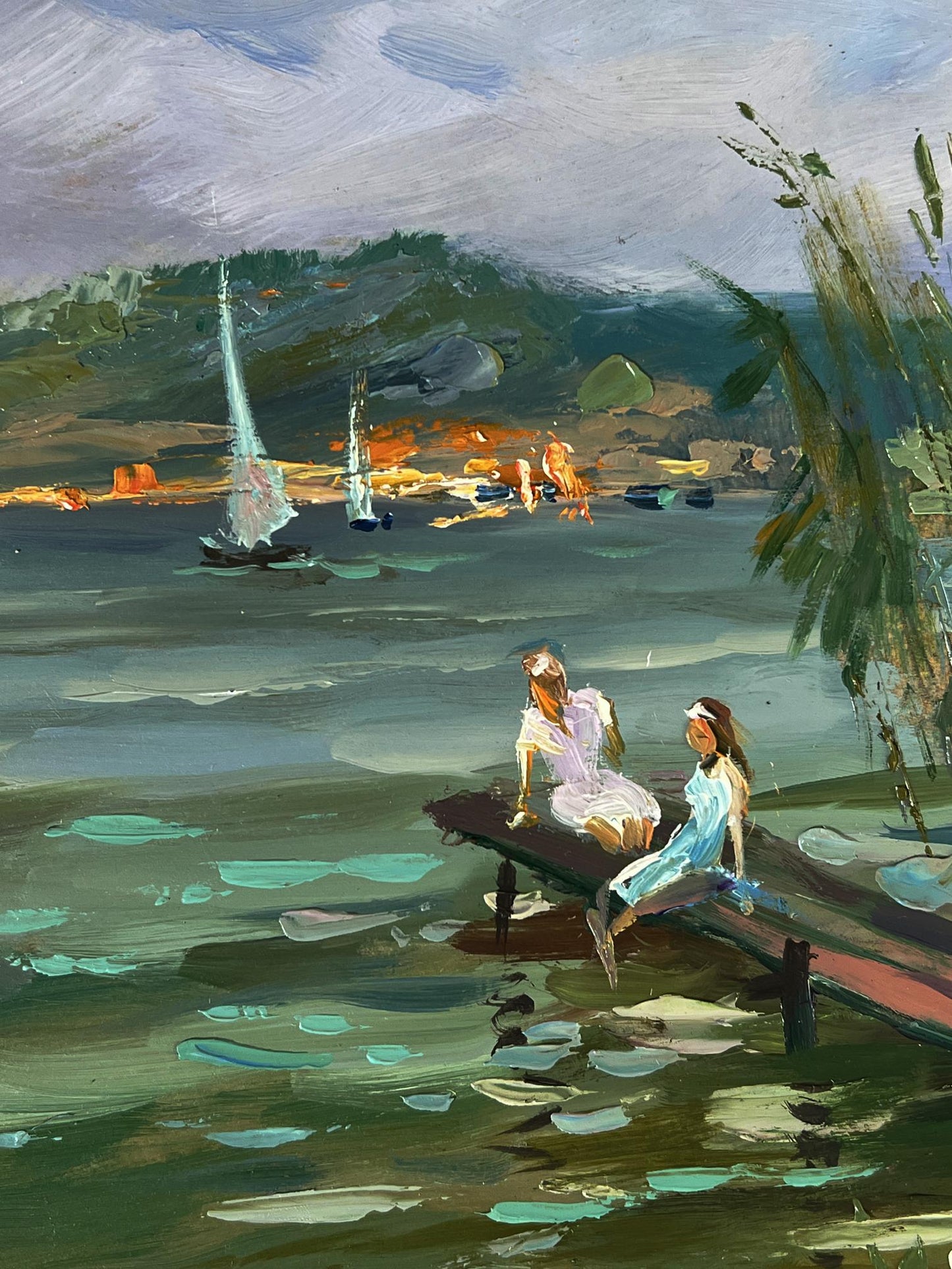 Oil painting Girls by the River by Yuriy Suprunchuk serene dock scene