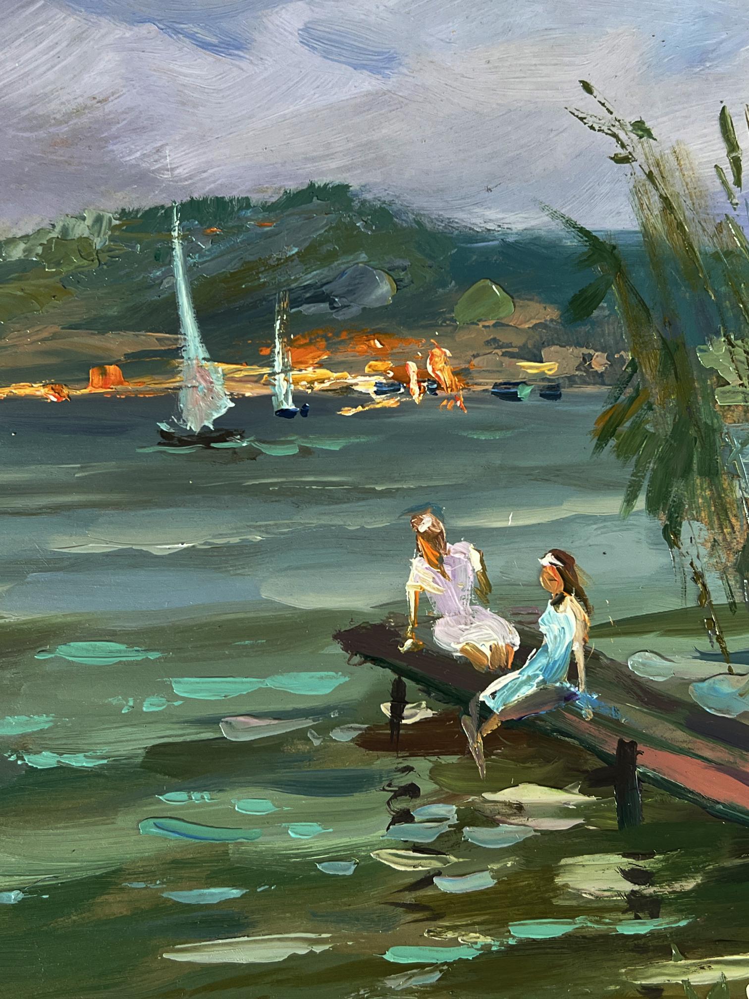 Oil painting Girls by the River by Yuriy Suprunchuk serene dock scene