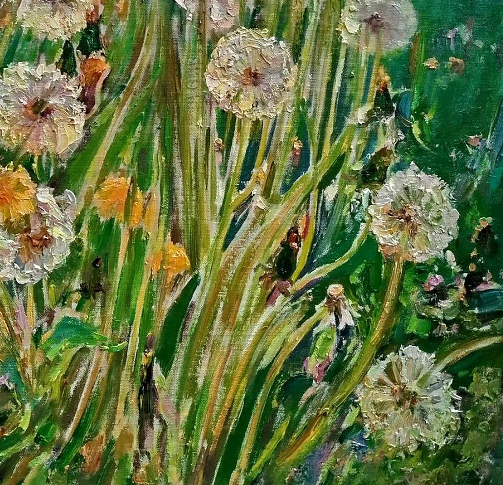 Vibrant impasto oil painting of blooming dandelions by Leonid Pavlenko