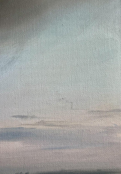 Oil painting A storm is coming by Tatyana Derdey in pale blue and pink hues
