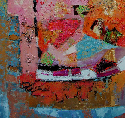 Oil painting Barbie Dreams by Tatyana Shulyak vibrant abstract pink orange blue purple