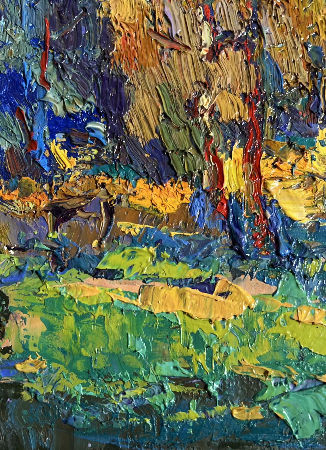 Oil painting Sunbeams on the Meadows by Oksana Ivanyuk with vibrant green, yellow, blue, red brushstrokes