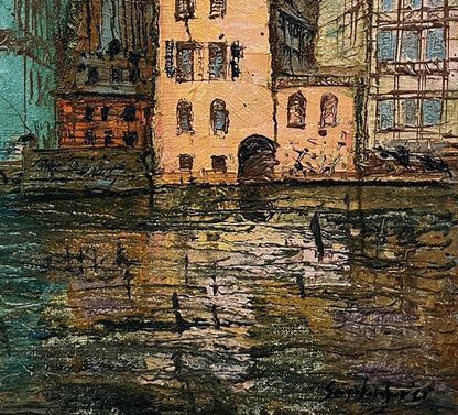 Oil painting Reincarnation by Serhiy Kovalev canal scene in ochre teal tones