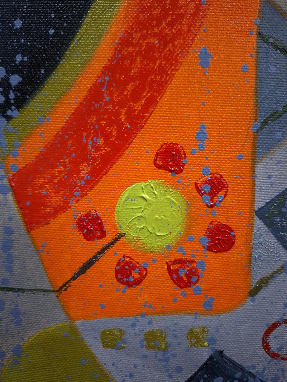 Oil painting A Walk Around the City by Sergiy Voichenko with orange canvas yellow circle red splatters