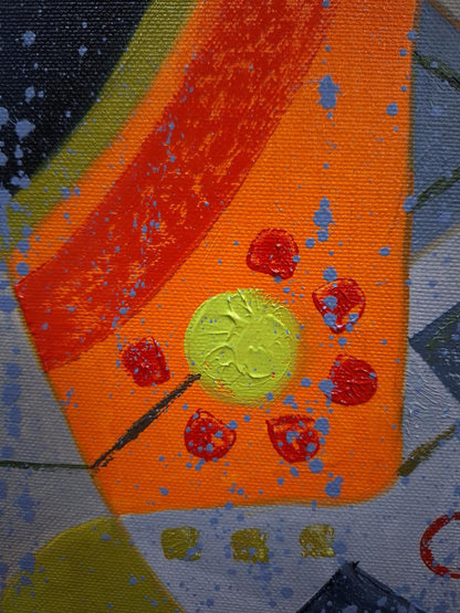 Oil painting A Walk Around the City by Sergiy Voichenko with orange canvas yellow circle red splatters
