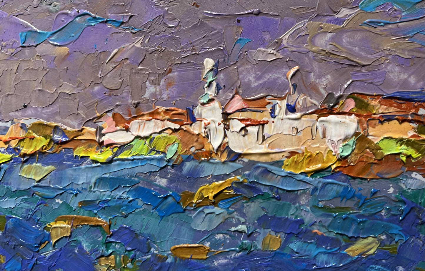 Vibrant impressionist oil painting of coastal village by Oleksiy Ivanyuk
