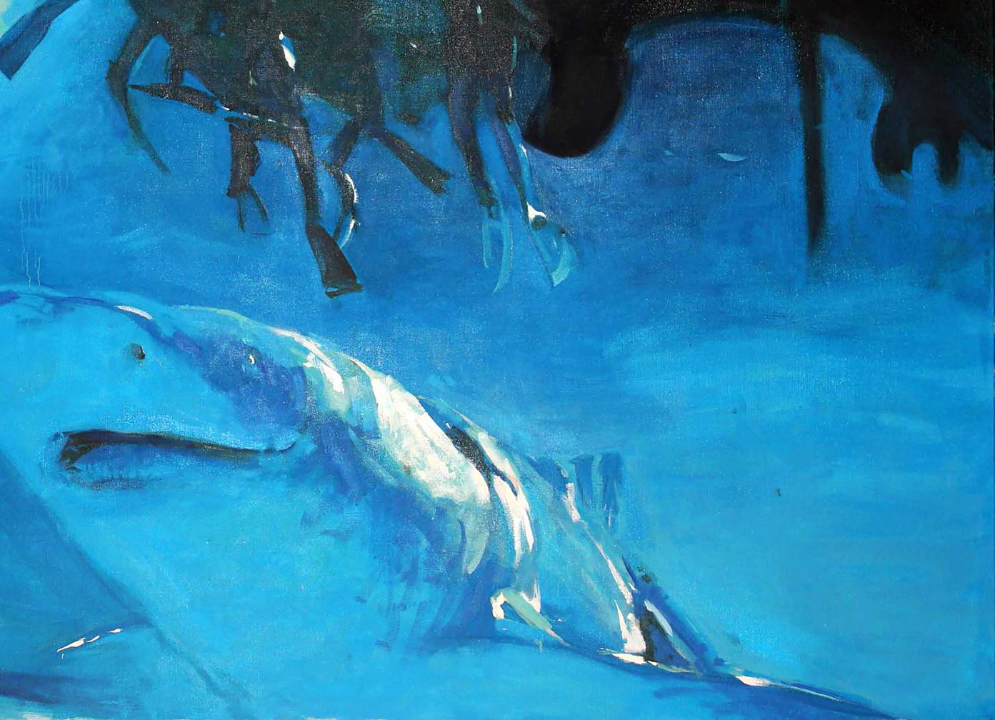 Impressionistic oil painting of blue whale by Ed Potapenkov, We didnt wait
