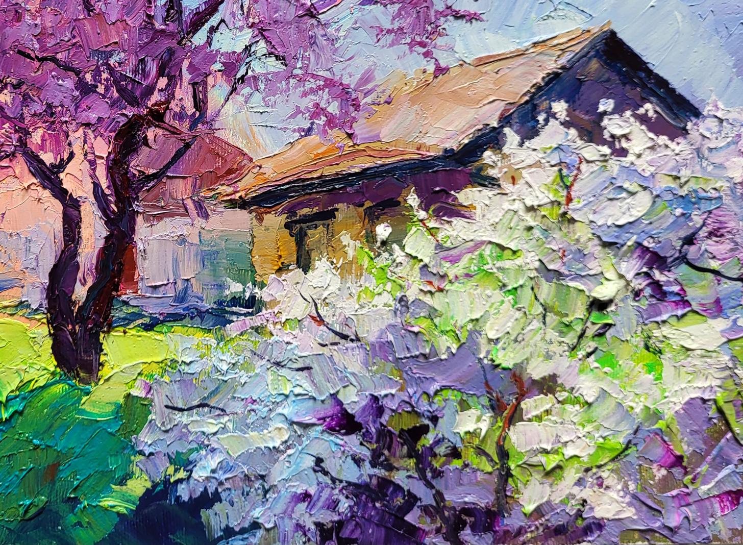 Oil painting May Boris Serdyuk: impressionist rustic house amid blooming trees