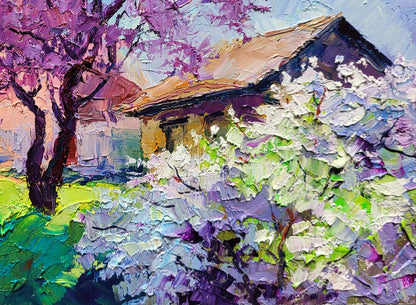 Oil painting May Boris Serdyuk: impressionist rustic house amid blooming trees