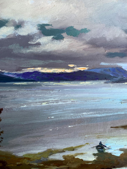 Oil painting of river washing mountains by Yuriy Suprunchuk, rowboat on wet shore