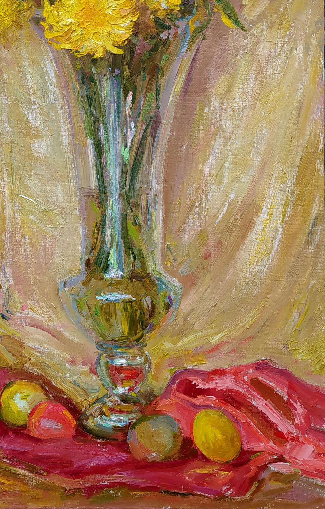 Oil painting Autumn mood by Leonid Pavlenko with yellow flowers in vase