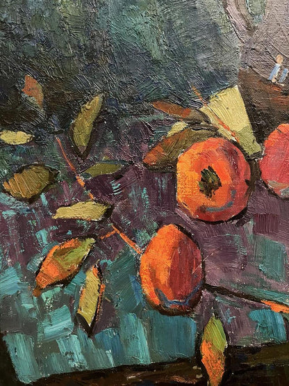 Oil painting of vibrant orange persimmons and autumn fruits by Oleksandr Andreev